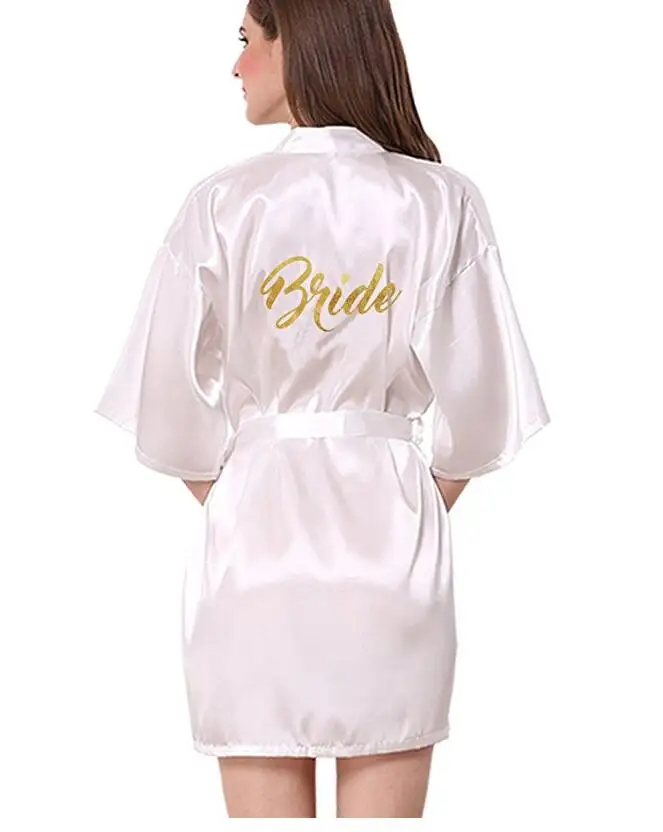 

RB70 2017 Sexy Bridal Party Robe Letter Bridesmaid on the Robe Back Women Short Satin Wedding Kimono Sleepwear Get Ready Robes