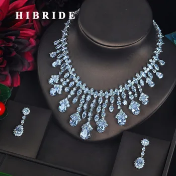 HIBRIDE Clear Big Water Drop Pendant Women Jewelry Sets Bride Full Cubic Zircon Necklace Set Fashion Luxury Jewelry N-618