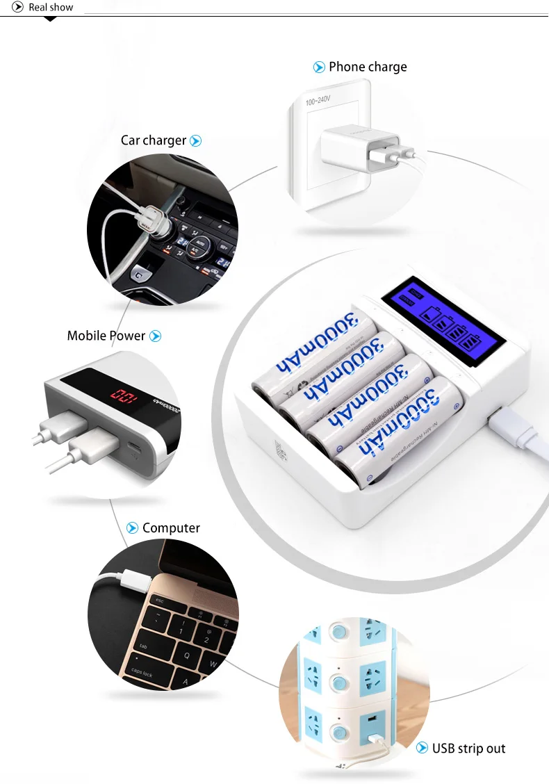 Новое поступление 4 слота ЖК-дисплей USB Смарт Быстрое интеллектуальное зарядное устройство для AA/AAA перезаряжаемая батарея