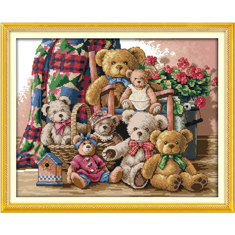 

Bear Family Cartoon Toy Flowers Home Decor Paintings Counted Printed On Canvas DMC 11CT 14CT Chinese Cross Stitch kits Embroider