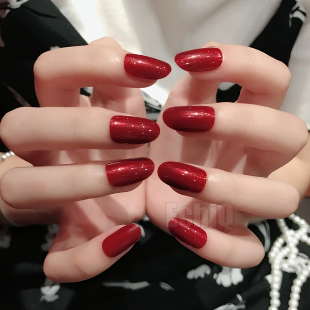 Sparkly Dark Red Fake Nails Medium Lady Daily Wear Press On Nail