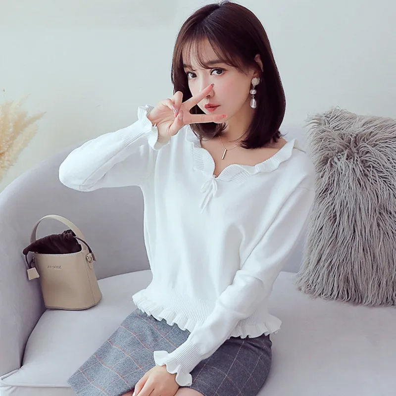 Japanese Style Cute Sweater Bow Tied Ruched V Neck Sweater Cropped Knitted Pullovers High Waisted Peplum Ladies Jumpers Japanese Style Cute Sweater Bow Tied Ruched V Neck Sweater Cropped Knitted Pullovers High Waisted Peplum Ladies Jumpers