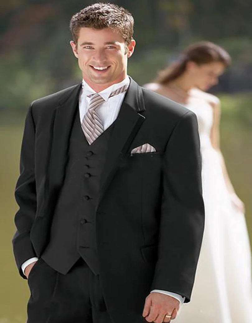 Unique Satin Black Groom Tuxedo Notch Lapel Two Buttons Formal Suits ...