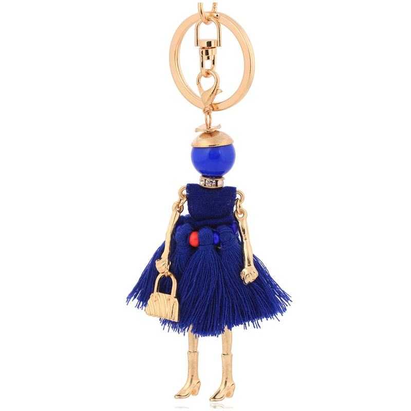 

fashion women bag blue tassel keychains 2017 statement car key chains rings charm pendant jewelry hot selling keyring