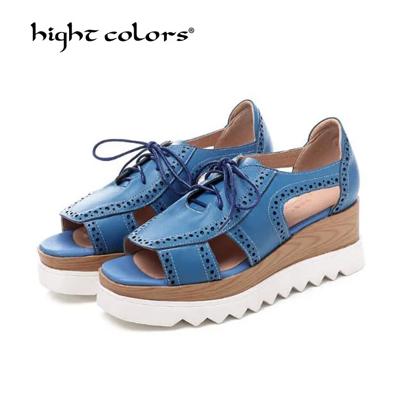 

Fashion Summer New 2019 Women's Leather Casual Breathable Shoes Women Ladies Wedges Sandals Lace up Platform Sandalias A80-103