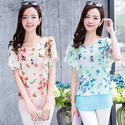 Летняя мода для женщин большого размера корейский рукав летучая мышь с принтом элегантные шифоновые рубашки блузки