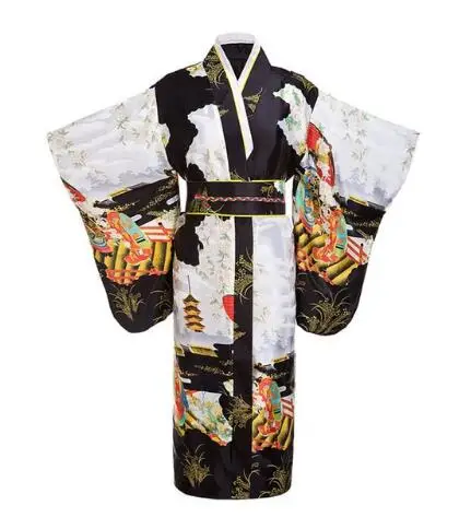 Винтаж розовый японский Для женщин атлас кимоно классический юката хаори Новинка Вечеринка платье цветок Косплэй костюм один размер JK002 - Цвет: Black