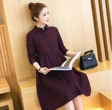 

High Waist Plaid Maternity Clothes 2019 Spring Autumn Turn-down Collar Literary Long Pregnancy Dress for Pregnant Women QL6925