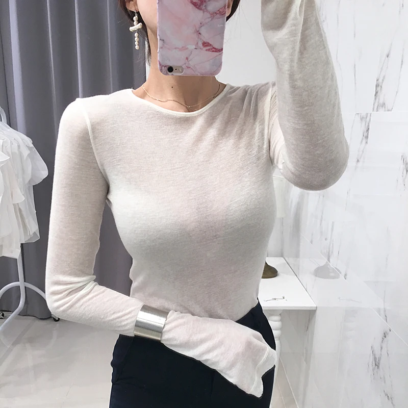 Тонкая Высококачественная простая Сексуальная женская футболка с длинным рукавом, корейский стиль, базовый эластичный Топ, модная женская тонкая футболка, прозрачная