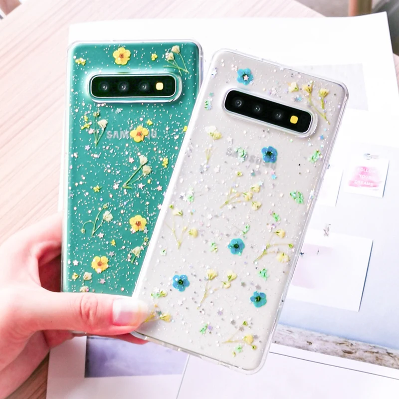 

Dried Flower Transparent Shining Glitter Phone Case For Samsung Galaxy S10 S9 Plus Fashion Real Flowers Back Cover For Galaxy S9