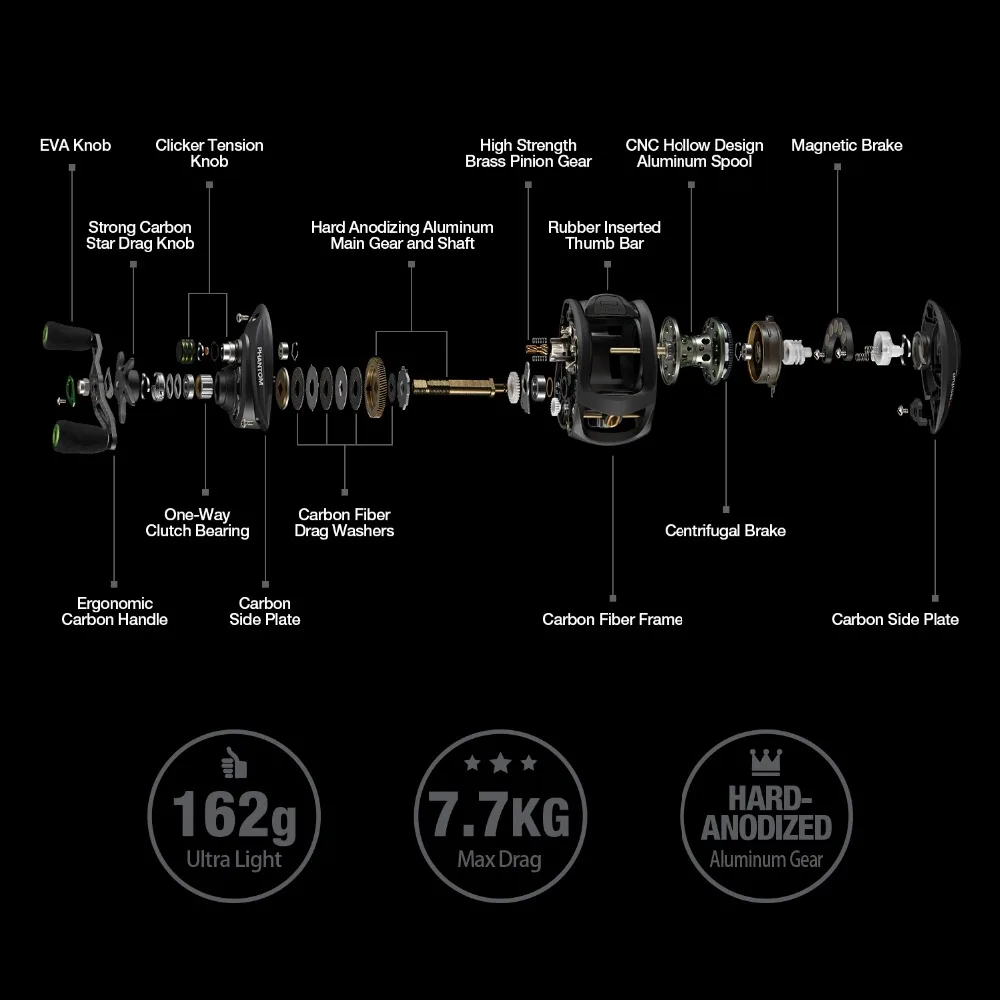 Piscifun Phantom baitcasing катушка рыболовные снасти 7,0: 1 Передаточное отношение 7,7 кг Максимальное сопротивление 7 подшипников двойной тормоз Сверхлегкий углеродное волокно
