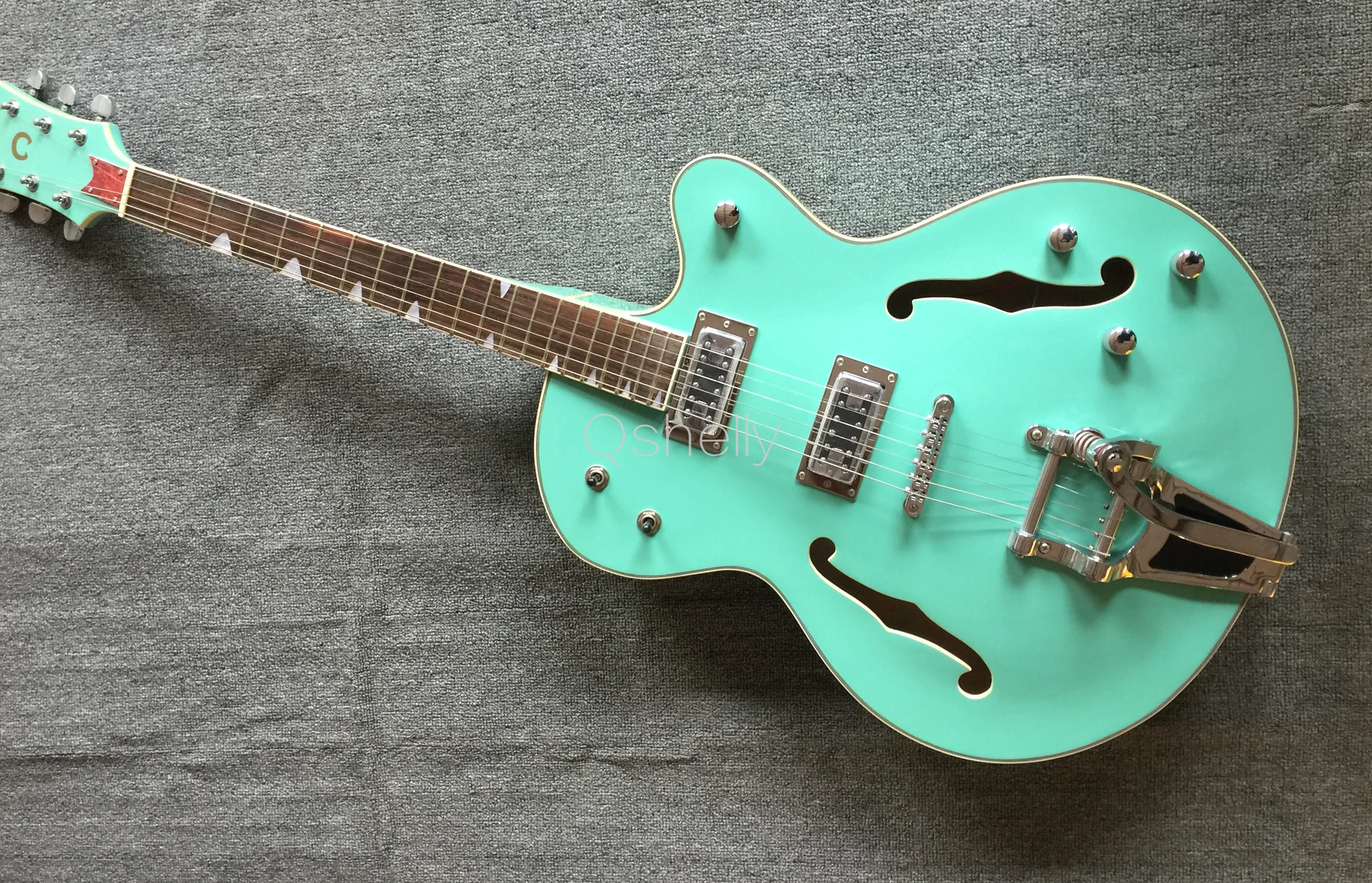 

top quality QShelly custom shark tooth inlay f hole hollow body white binding green jazz electric guitar musical instrument shop