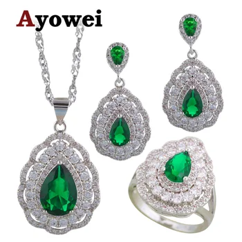 

Ayowei Silver Stamped Fashion Earring Pendant Necklace Ring green Zicon White Crystal costume jewelry Sets JS699A