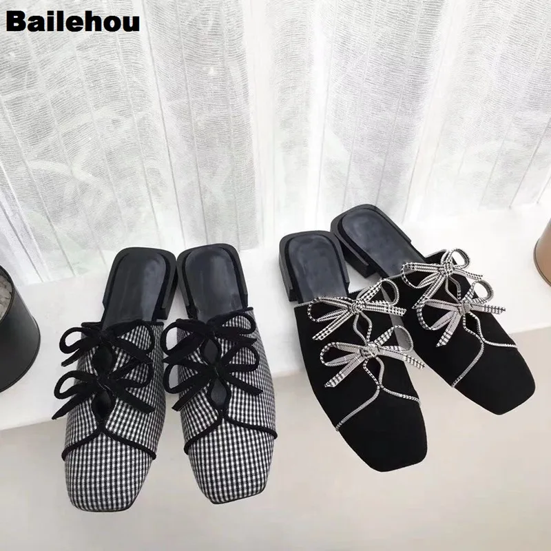 

New Women Square Toe Flat Heel Mules Spring Shoes Outdoor Slippers Summer Slip On Slides Butterfly-knot Flip Flops Women Sandals