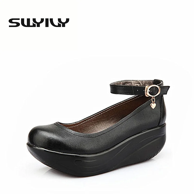 SWYIVY Leather Women Toning Shoes Platform Wedge Thick Soles Women Height Increasing Swing Shoes  Single Shoes 34-43 Plus Size