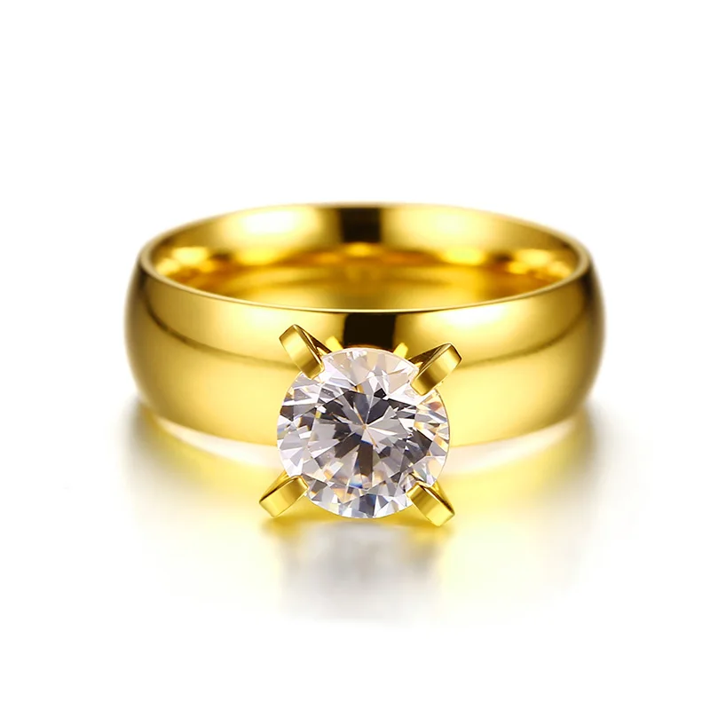 Meaeguet Classic Solid Gold-color Stainless Steel Prong Setting Cubic Zirconia Wedding Rings For Women Wedding Bands USA Size