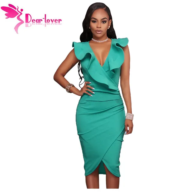 Dear Lover Women Summer Sleeveless Dress Y Solid Turquoise Ruffle Dear Lover Women Summer Sleeveless Dress Y Solid Turquoise Ruffle V Neck Bodycon Midi
