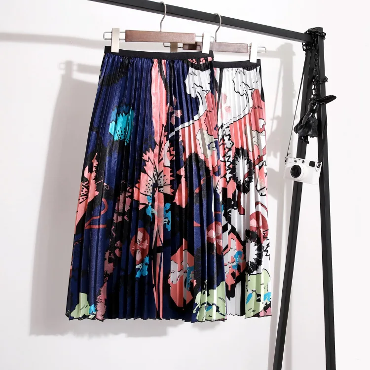 Летние женские с высокой талией плиссированные длинные юбки европейский стиль эластичный Цветочный Пояс Печать атласная линия юбка богемная юбка в стиле бохо