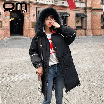 

OMCHION 2019 Embroidery Hooded Jacket Winter Coat Women Two Face Wear Long Sleeve Warm Parkas Faux Fur Collar Outwear LJK73