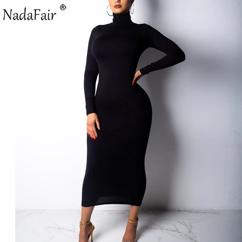 Nadafair осеннее сексуальное длинное платье в обтяжку Женское зимнее платье с высоким воротом и длинными рукавами красные, черные, белые Клубные Вечерние Платья Миди