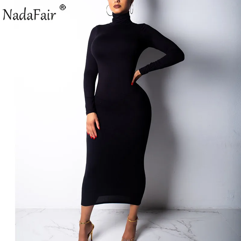 Nadafair Turtleneck Long Sexy Bodycon Dress Women Autumn Winter Long Sleeve Basic Red Black White Solid Midi Dress