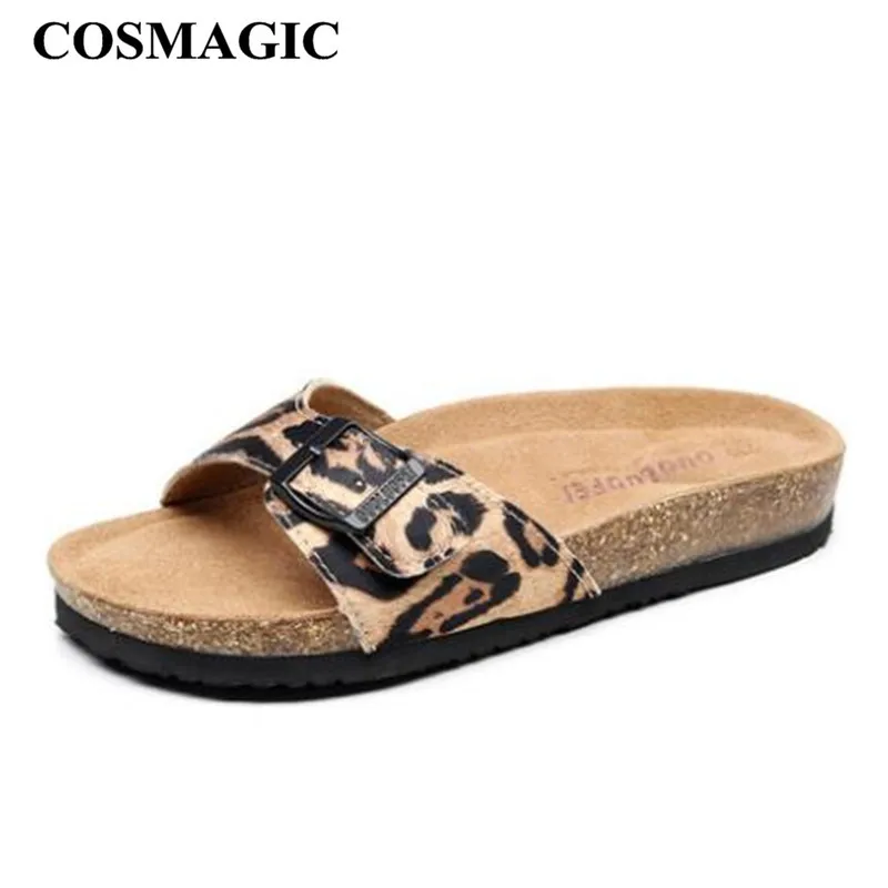 

COSMAGIC 2019 New Summer Beach Leopard Cork Slippers Casual Women Buckle Clogs Slip on Slides Shoe
