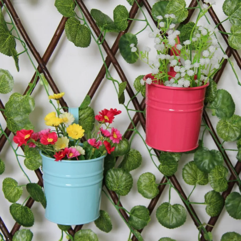 Unique Hanging Flowerpot Vase Wrought Iron Flower Barrel Balcony Pots Planters Wall Hanging Bucket Pastoral Flower Holder Decors