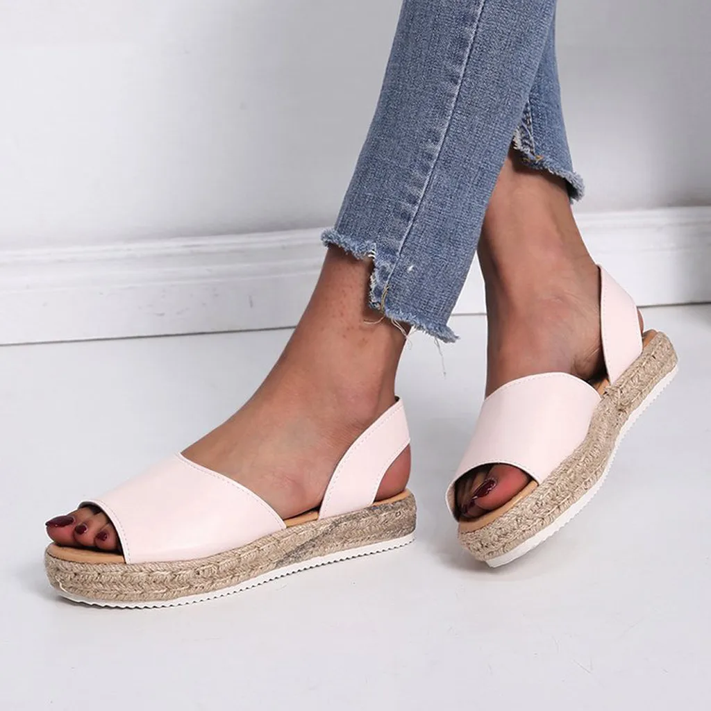 

women's summer Grass Woven Sole chaussures femme Flat Sandals Set Of Feet Leather platform shoes scarpe donna flat shoes women