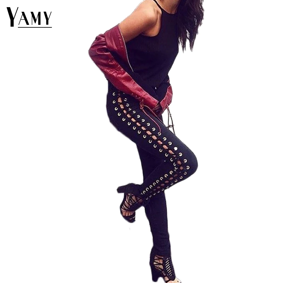 

2017 summer fashion pencil slim skinny black jeans woman white side lace up punk denim trousers women jeans pants