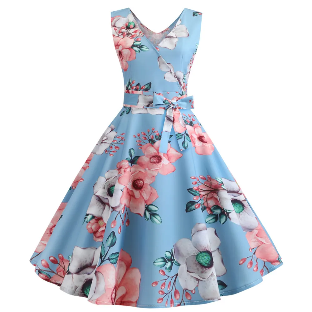 

Summer Women Dress Elegant Vintage Floral Tunic Sundress Sexy V Neck Work Office Party Dresses Plus Size Midi Robe Pin Up