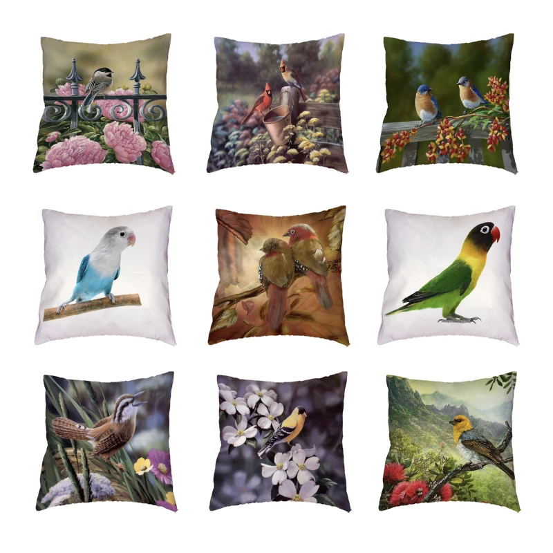 

Vintage Bird Parrot White Throw Pillow Cases Beautiful Feathers Retro Flowers Seat Home Decor Polyester Peach Skin Cushion Cover