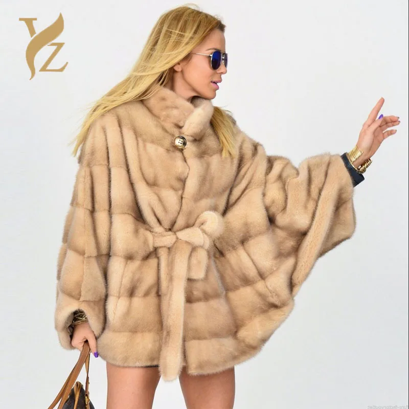 

2018 European Fashion Full Pelt Mink Fur Coats Winter Outerwear Stand Collar Jacket Real Fur Coat For Women Bat Sleeves Clothes