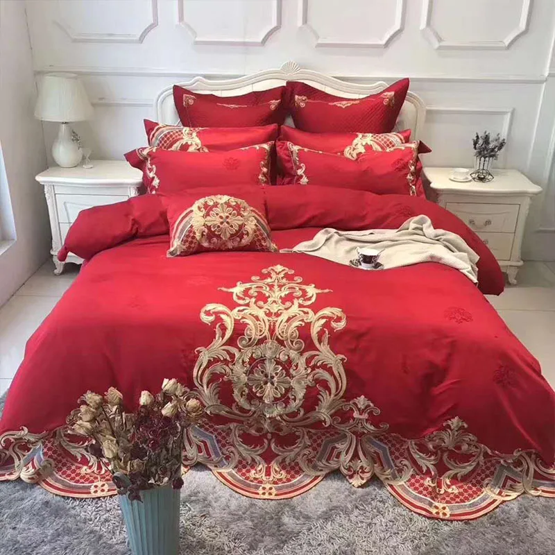 

Egyptian Cotton Luxury Red Bedding Set 4PC 100%Handmade Embroidered King Queen Size Wedding Bed Sheet Set Duvet Cover Pillowcase