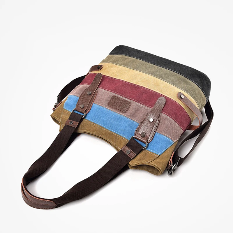Canvas contrast color shoulder slung female ladies bag Korean version of canvas color striped portable contrast color bag