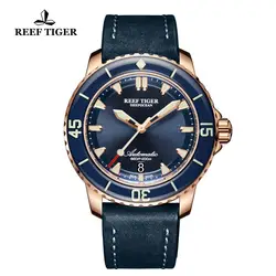 Риф Тигр/RT роскошные часы для дайвинга Световой для мужские розовое золото синий кожаный ремешок автоматические с датой Водонепроницаемый