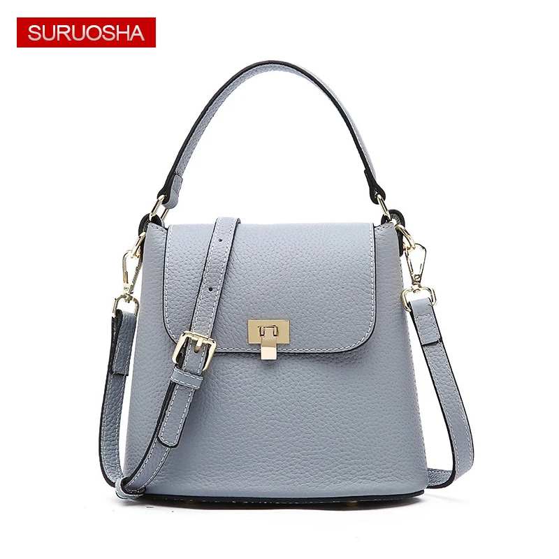 

Fashion Women Bag Blue Bucket Bags Genuine Leather Handbags Small Shoulder Crossbody Bag with Long Adjust Straps Elegant