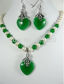 

hot sellPRETTY GREEN JADE HEART PENDANT EARRINGs PEARL NECKLACE 18''
