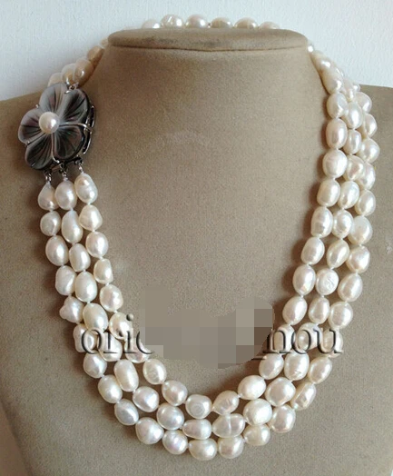 Beste Groothandel gratis verzending 100% Natuurlijke sieraden 3 rij 8 10mm Natuurlijke Witte Barok Zoetwater Parel Shell Bloem ketting