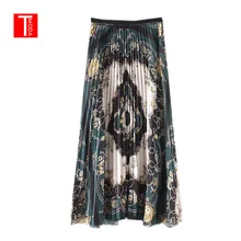 Осень г. для женщин Цветочный цепи узор плиссированные юбки для Faldas Mujer Винтаж эластичный пояс женский повседневное Chic до середины икры