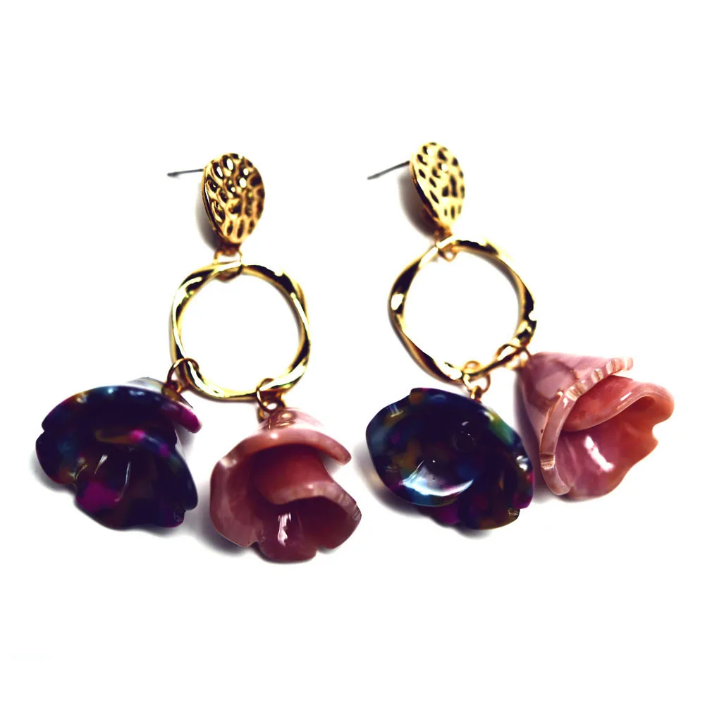 

acrylic flower earrings for women costume jewelry drop earrings flower charms pink colors gold plated round pendant earrings