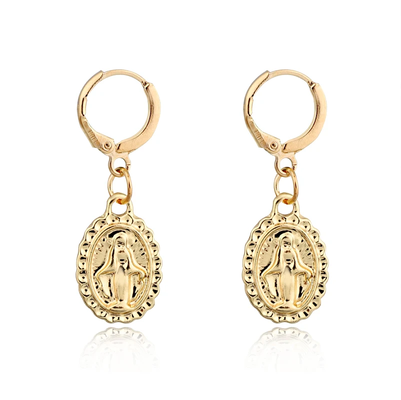 Dayoff Europe Round Gold Silver Virgin Mary Hoop Earrrings Female Vintage Earstud Women Jewelry Charms Figure Ear Ring E599