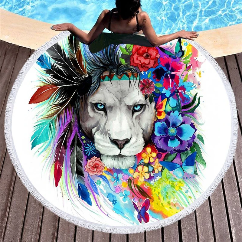 

The Original Lion Vibes Printed Large Round Beach Towel Microfiber Summer Thick Blanket with Tassels Yoga Picnic Mat Bath Towels