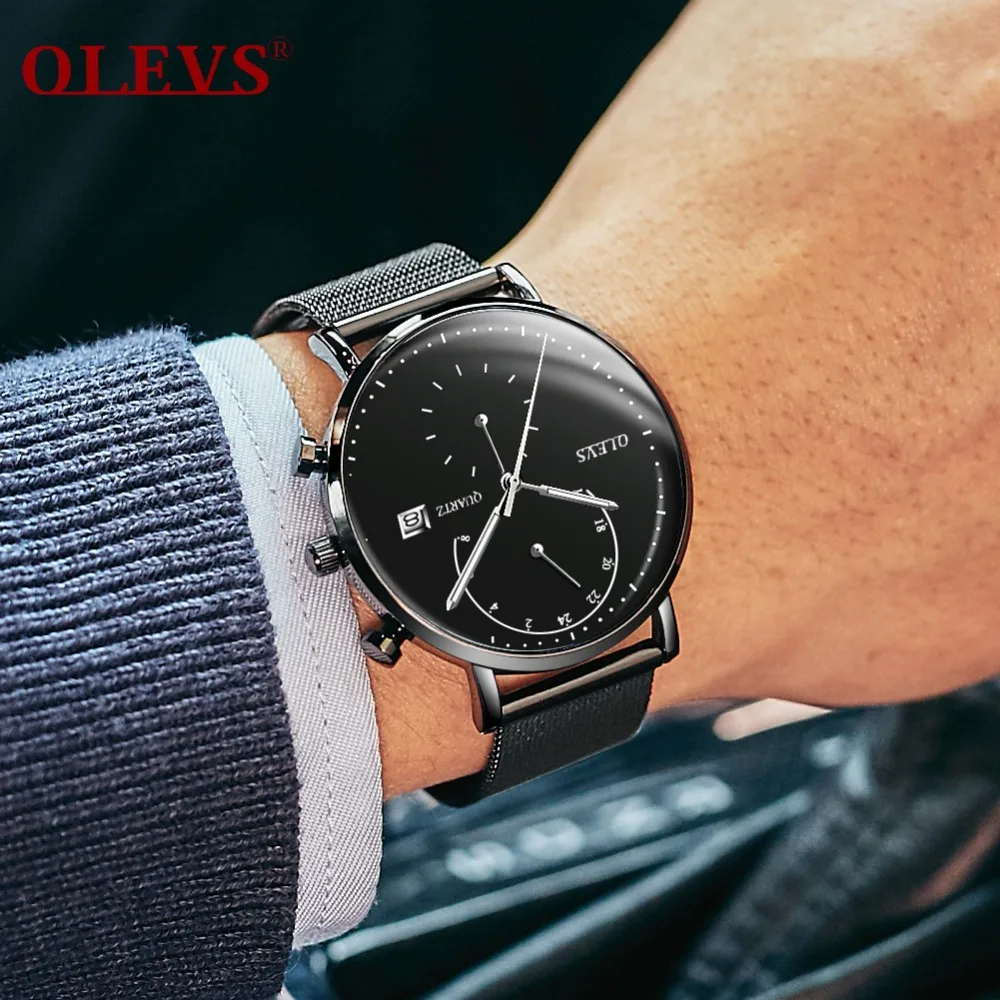 OLEVS хронограф Черные новые часы Мужские кварцевые Миланский стальной ремешок