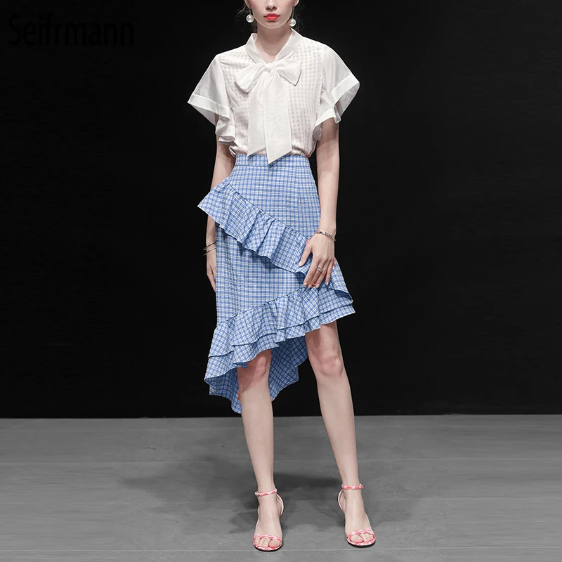 

Seifrmann 2019 Women Summer Suits Runway Fashion Designer Ruffles Bow Tie Coat+Striped Print Skirt Casual Elegant Two Pieces Set