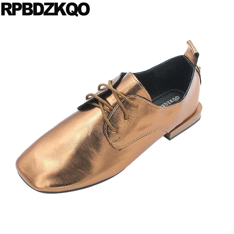 

retro vintage women oxfords shoes silver 2018 footwear designer rubber sole chinese lace up gold square toe flats ladies china