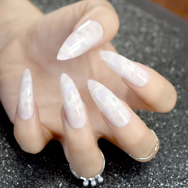 24pcs Grant Long Stiletto Nails Marble Patterns Pointed False 24pcs Grant Long Stiletto Nails Marble Patterns Pointed False Nail Natural White Acrylic Diy