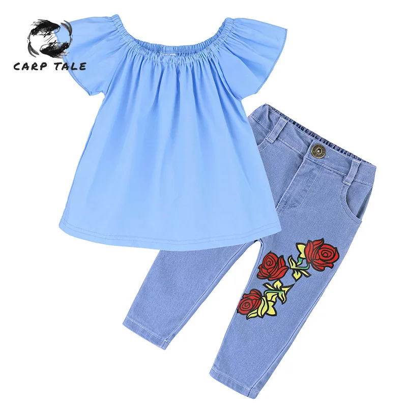 

Three-piece baby infant children's baby girl clothes top + printed denim trousers + headband suit thanksgiving baby outfits