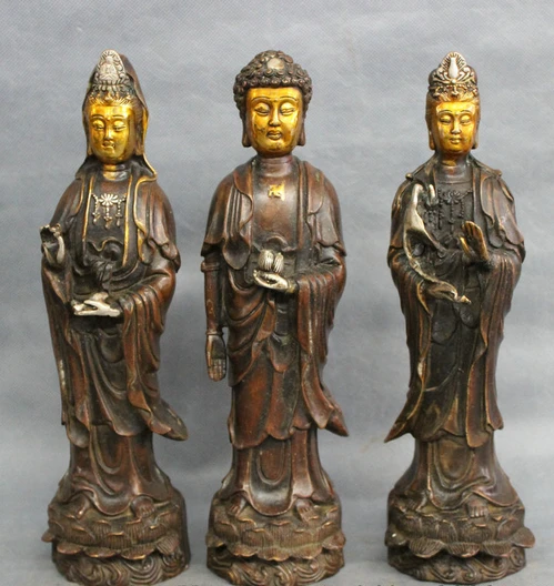 

xd 001379 11" Chinese Bronze Buddhist Joss 3 Lotus Kwan-yin Shakyamuni Quan Yin Statue