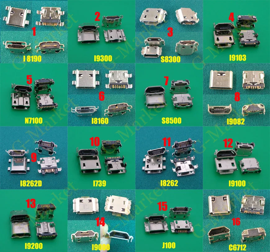 Разъем micro usb 16model 7pin разъем для зарядки samsung i9300 i8262 i9000 S8300 i9070 I9082 N7100 I8262d J1 J100 J500 |