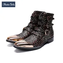 Christia Bella/мужские ботильоны с модным принтом и пряжкой; мужские вечерние ботинки из воловьей кожи золотистого цвета; ботинки в байкерском стиле на шнуровке